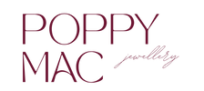 The logo for Poppy Mac Jewellery, featuring the words 'POPPY MAC' in a dark burgundy serif font with 'jewellery' written in a matching cursive script, all on a solid white background.