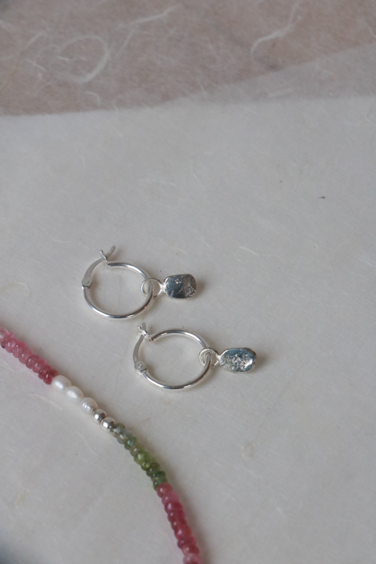 Silver hoop earrings organic texture charm dainty everyday earrings